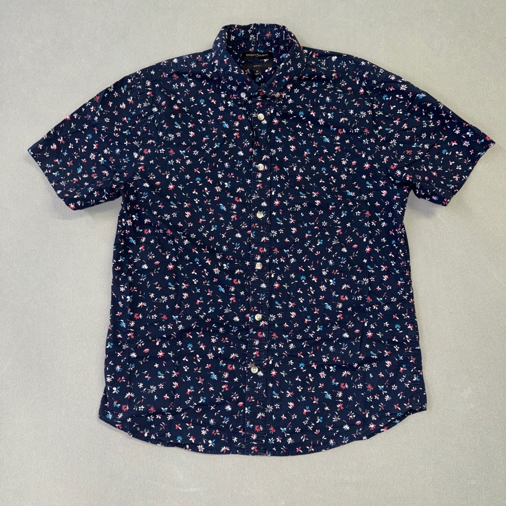 Banana Republic Mens Slim Fit Short Sleeve Floral Button Down Shirt Navy Blue M